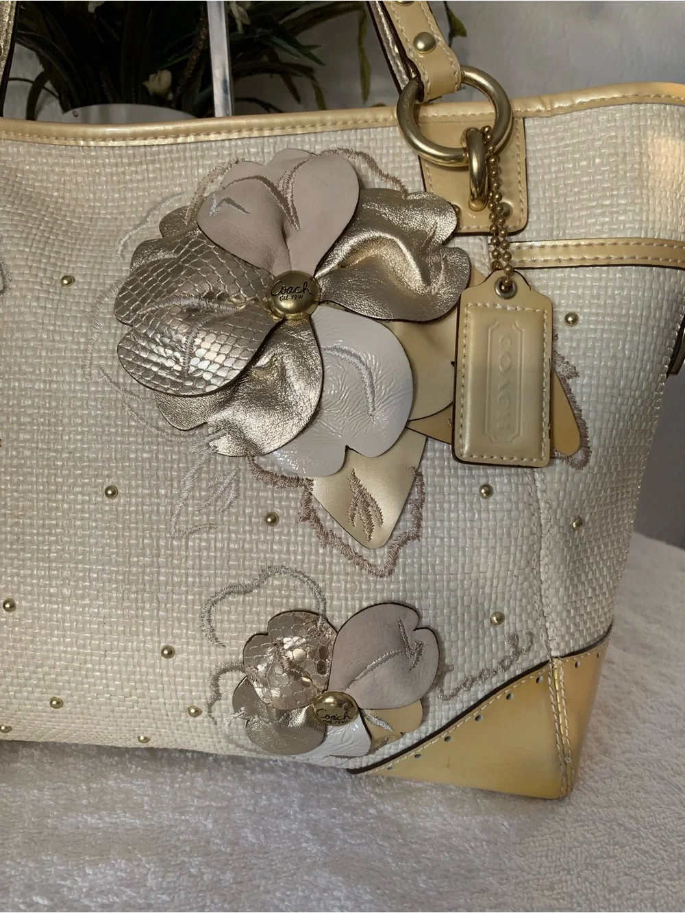 Coach Limited Edition Hampton Cream Tote with Gold Floral Appliqués